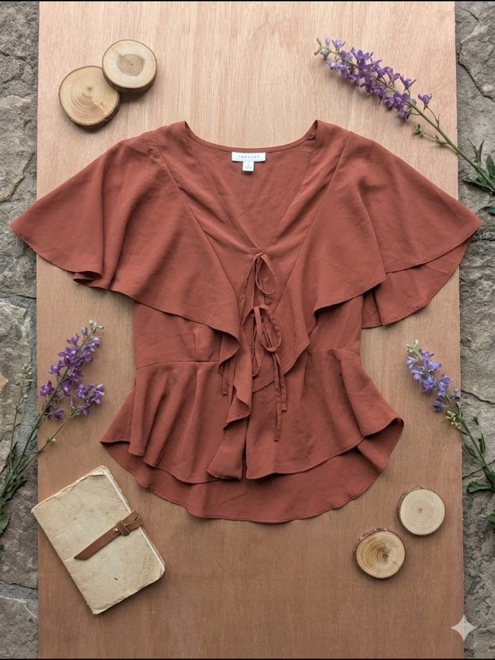 Women's Rust Ruffle Tie-Front Top - Picture 2 of 13